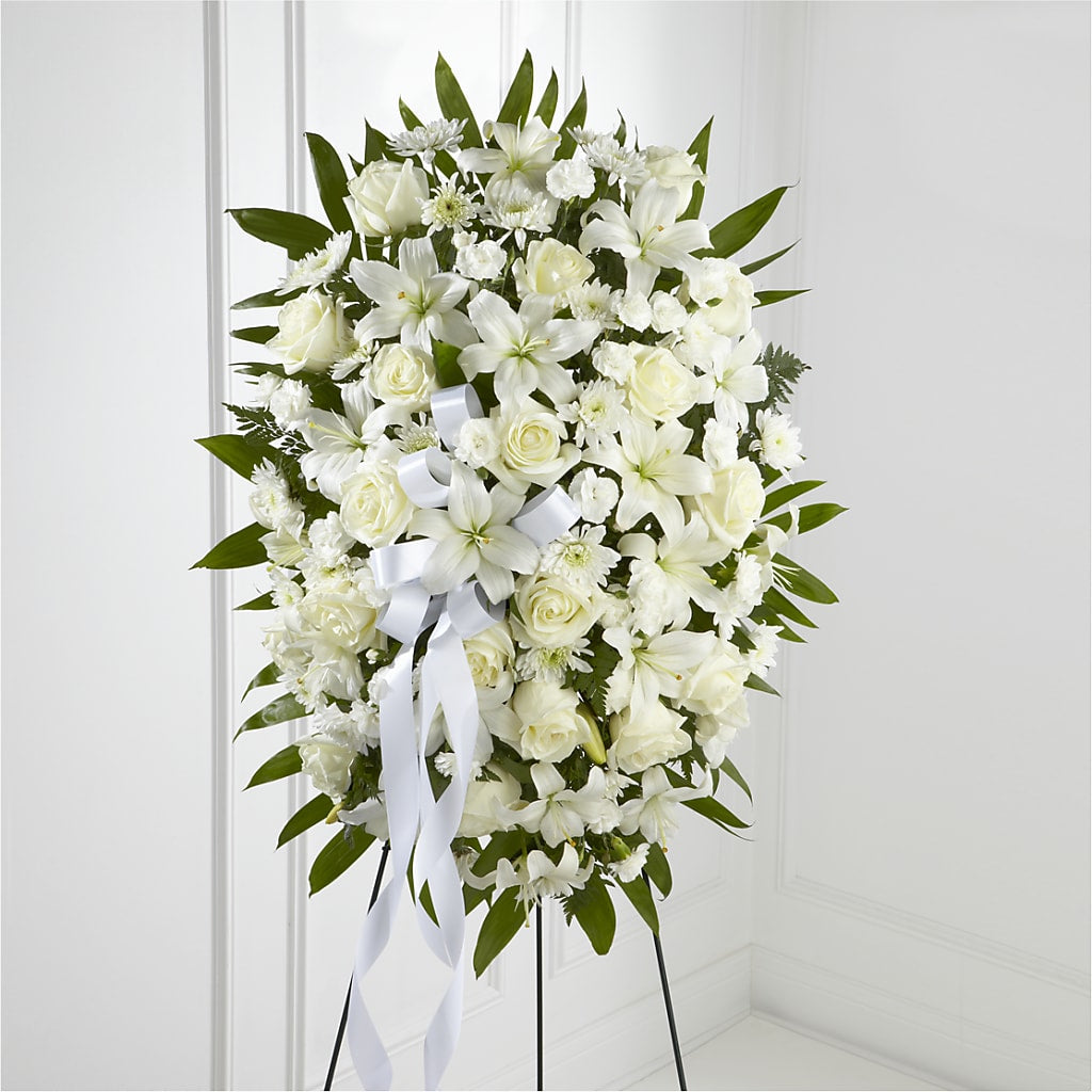 Exquisite Tribute Standing Spray-White Ribbon – SMITH'S, Salt Lake City UT