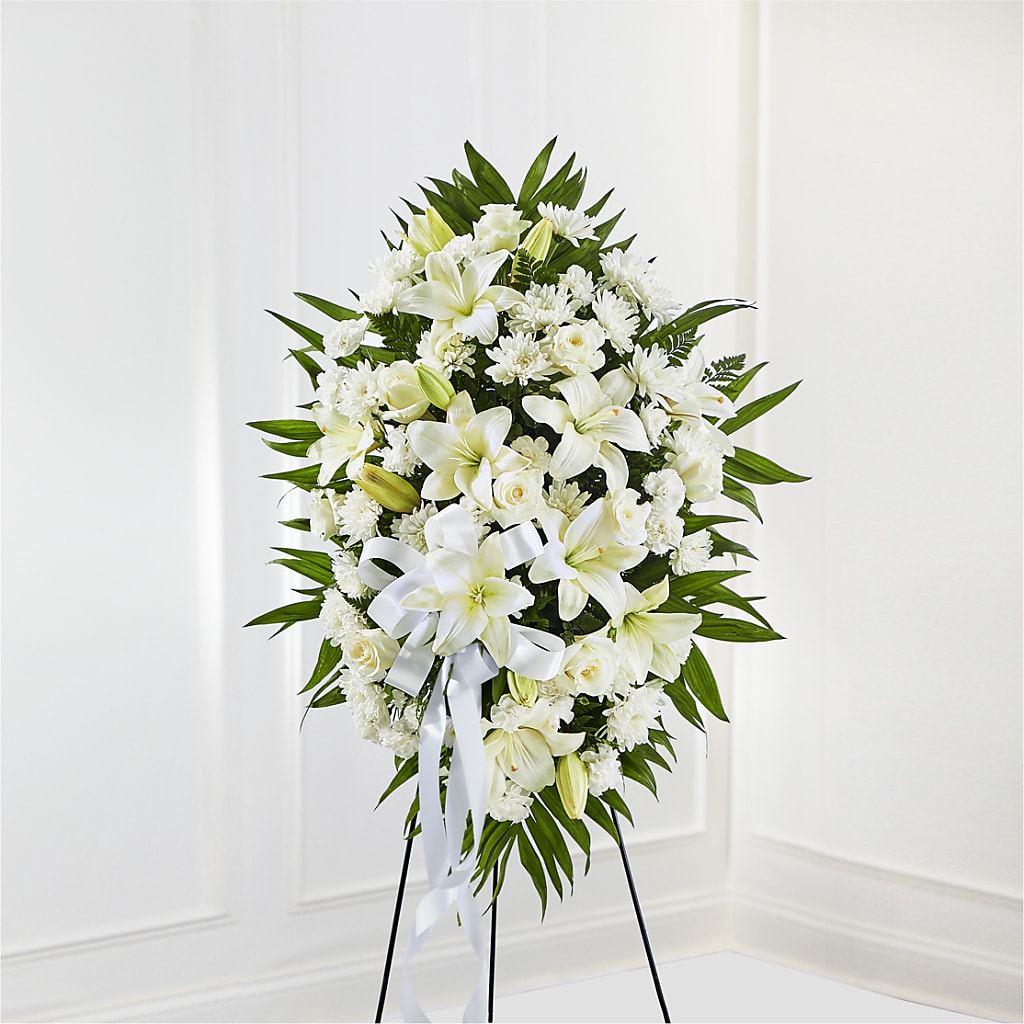 Exquisite Tribute Standing Spray-White Ribbon – SMITH'S, Salt Lake City UT